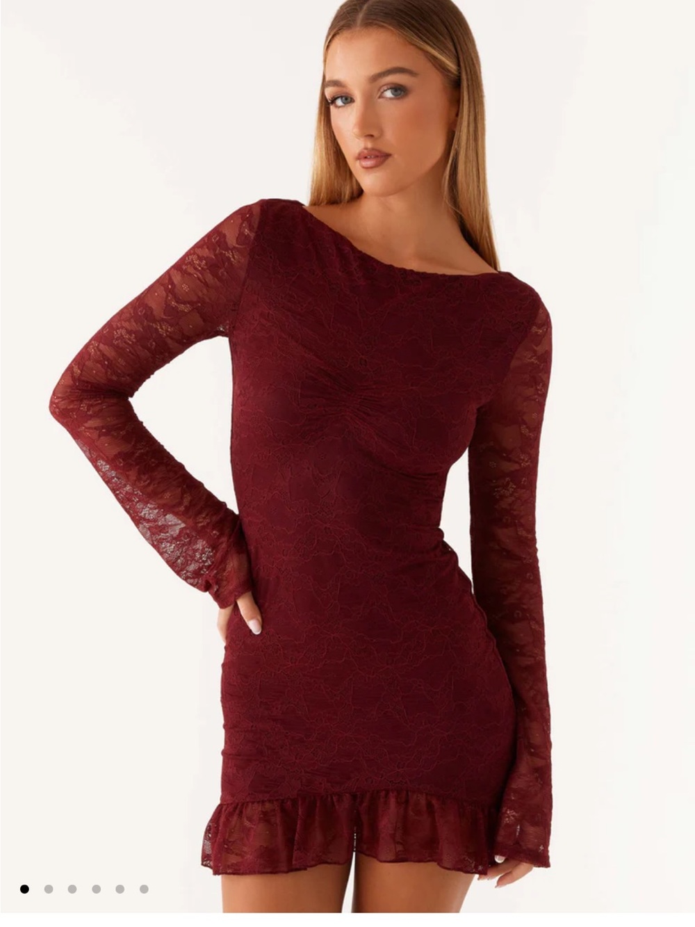 Peppermayo Womens Dion Lace Long-Sleeve Mini Dress - Burgundy